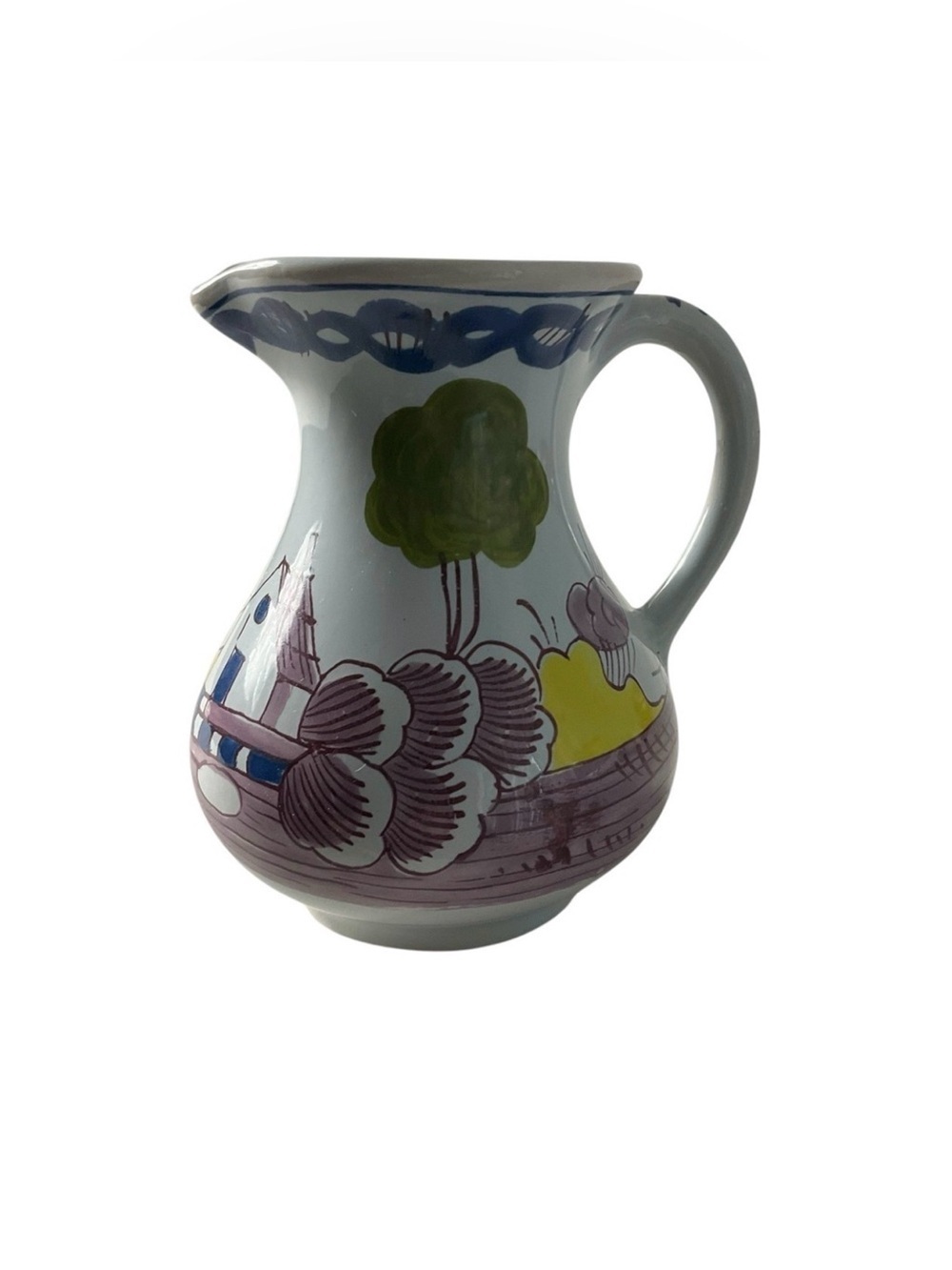 Vintage 1972 Hand-Painted Delft Holland Ceramic Pitcher 12 oz Colorful Scene